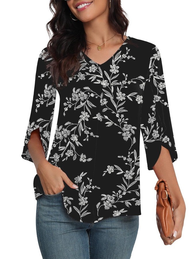 LAOLASI Womens Blouse Summer Elegant 3/4 Sleeve V Neck Flowy Chiffon Blouses for Women Casual Tops Shirts,Black D Floral,L - Image 3